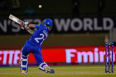 Rahmanullah Gurbaz plays a shot against Uganda